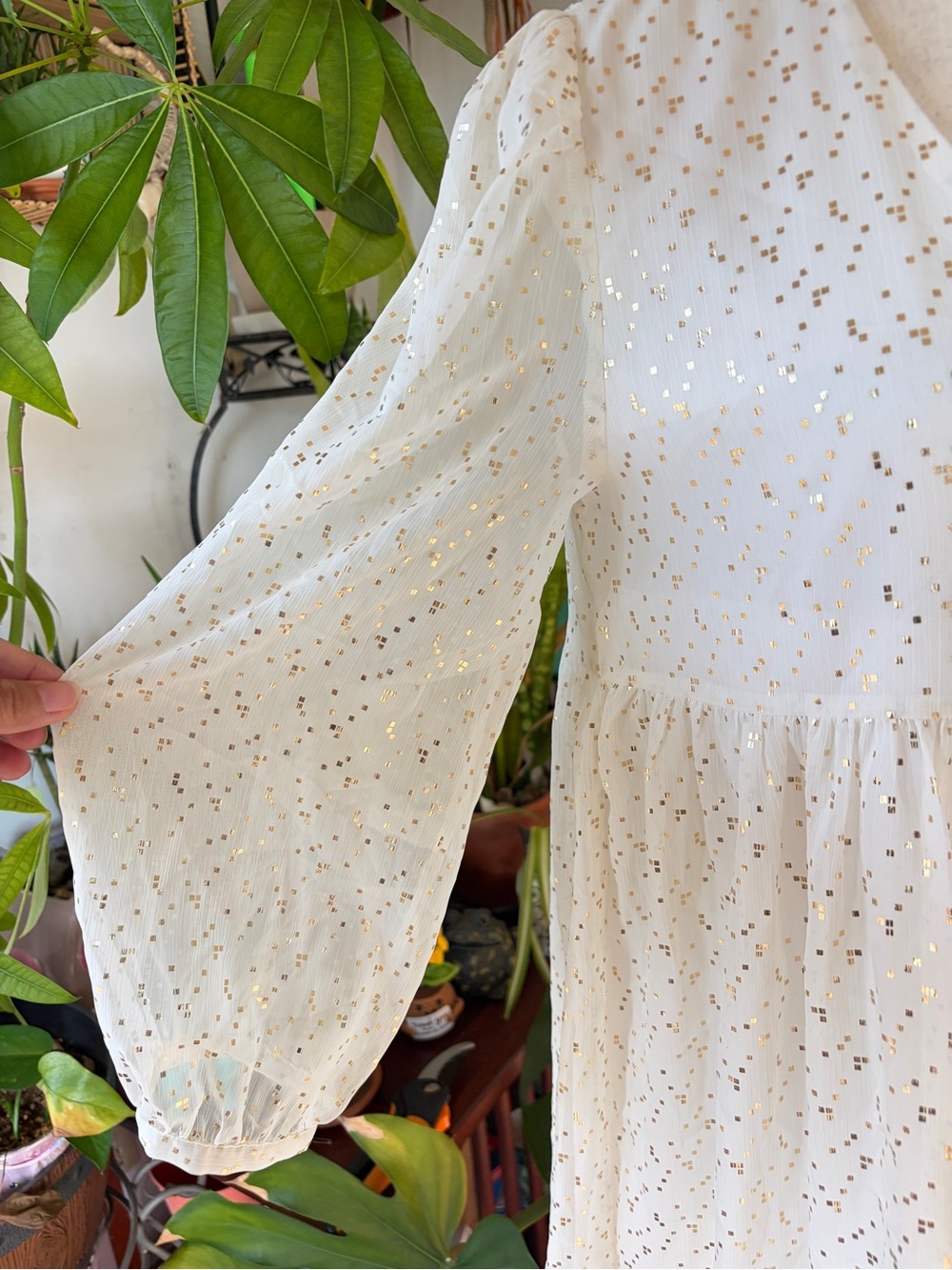 Aritzia Sunday Best Gold Foil Dot Mini Babydoll Dress Small V-Neck Boho Holiday - Picture 5 of 11